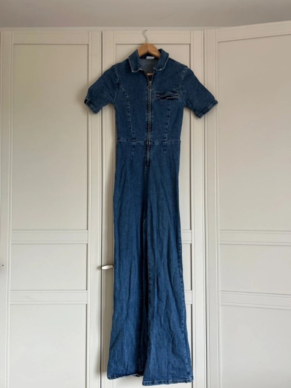 Women's Blue Denim Jumpsuit with Zip Front and Wide Legs Size S